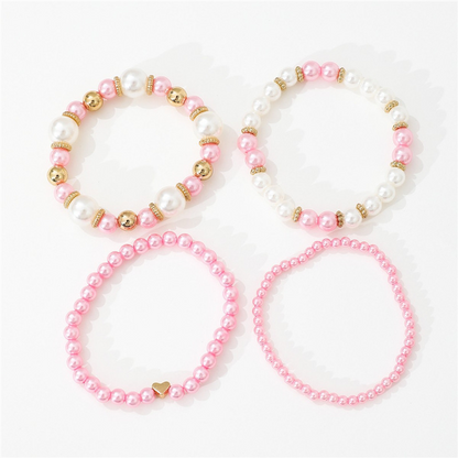 4pcs Elegant White Faux Pearl Heart Beaded Bracelet Set – Handmade Layered Jewelry