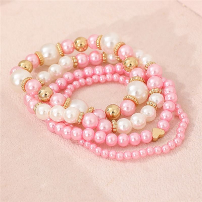 4pcs Elegant White Faux Pearl Heart Beaded Bracelet Set – Handmade Layered Jewelry