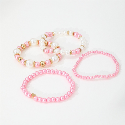 4pcs Elegant White Faux Pearl Heart Beaded Bracelet Set – Handmade Layered Jewelry