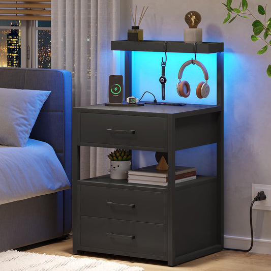 LED Nightstand with Charging Station — RGB Lights, 3 Drawers, Black