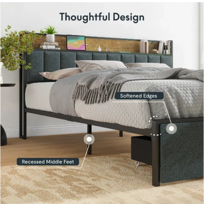 Full Bed Frame with LED Lights & Charging Station