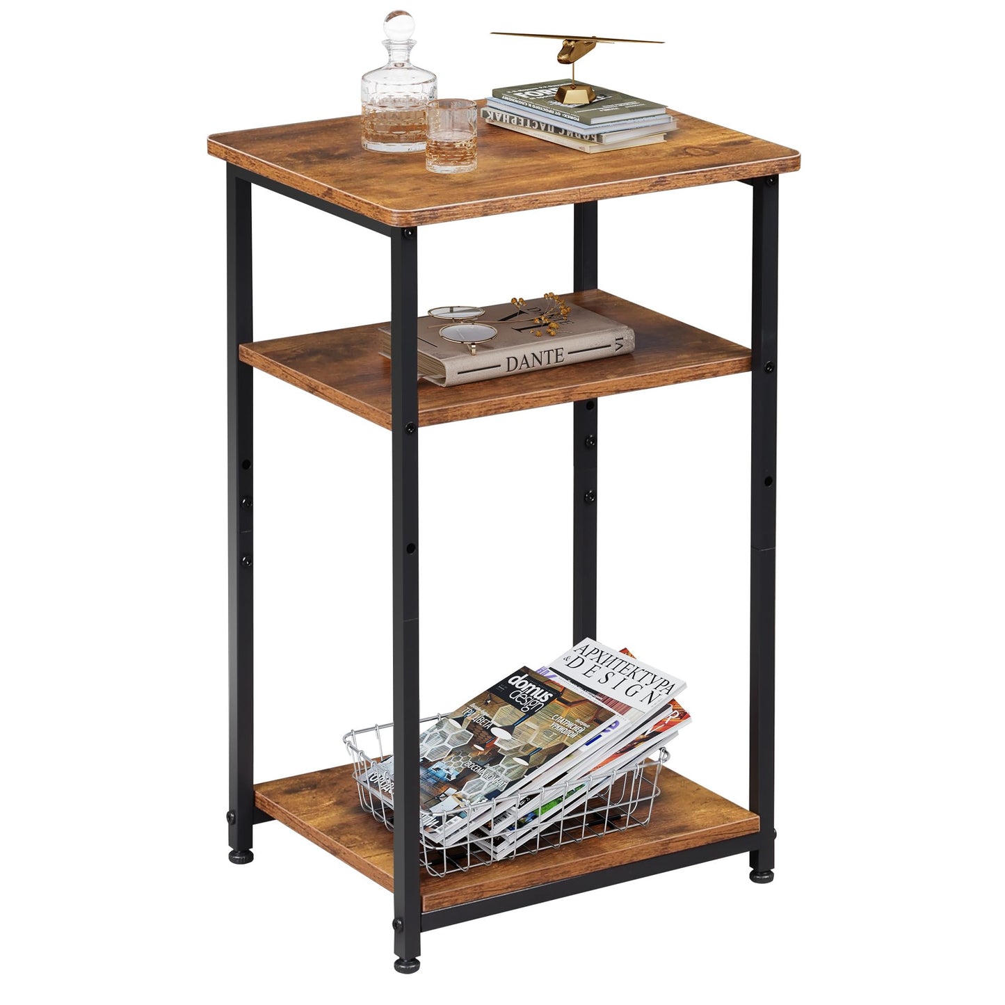 3-Tier End Table — Rustic Brown Narrow Side Table for Living Room & Bedroom