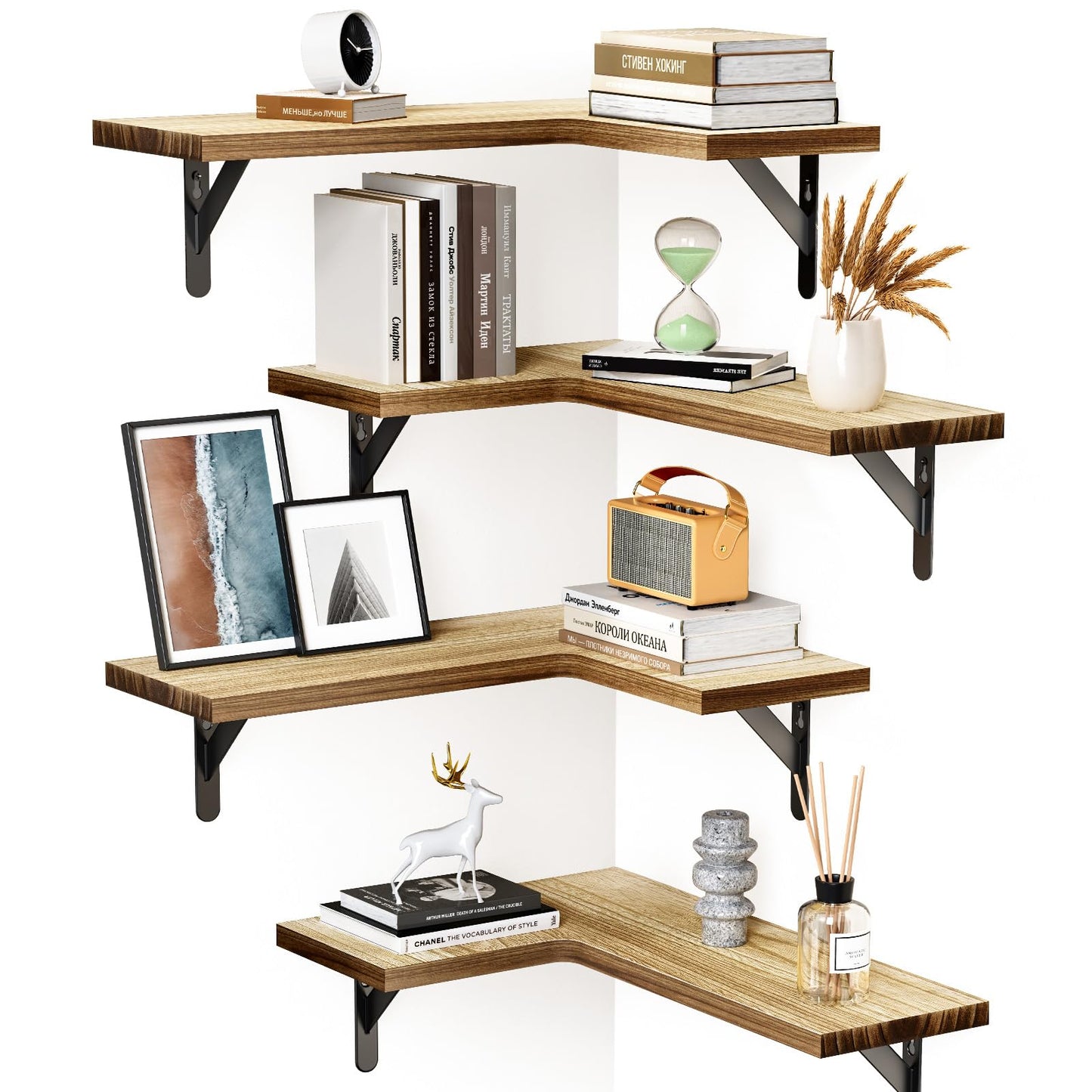 AMADA Corner Floating Shelves – Set of 4 | Rustic Wood Wall Shelves