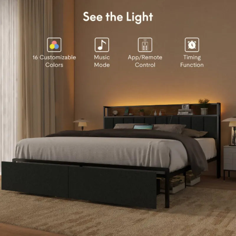 Full Bed Frame with LED Lights & Charging Station