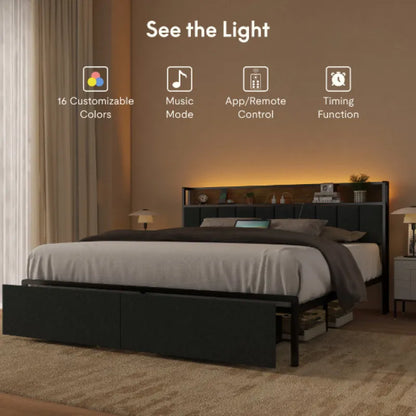 Full Bed Frame with LED Lights & Charging Station