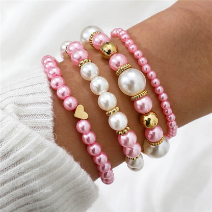 4pcs Elegant White Faux Pearl Heart Beaded Bracelet Set – Handmade Layered Jewelry