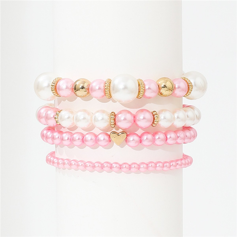 4pcs Elegant White Faux Pearl Heart Beaded Bracelet Set – Handmade Layered Jewelry