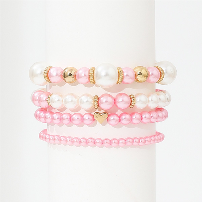 4pcs Elegant White Faux Pearl Heart Beaded Bracelet Set – Handmade Layered Jewelry