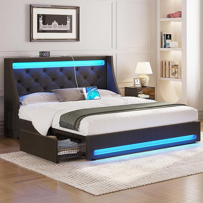 Full Bed Frame with LED Lights & Charging Station