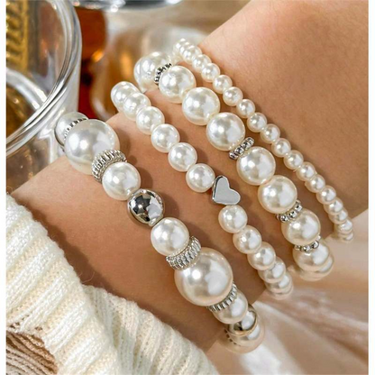 4pcs Elegant White Faux Pearl Heart Beaded Bracelet Set – Handmade Layered Jewelry