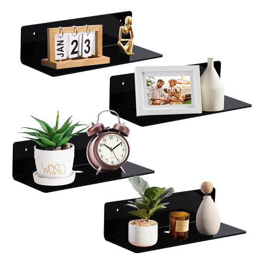 Clear Acrylic Floating Shelves — Set of 4, No-Drill Adhesive Wall Shelves