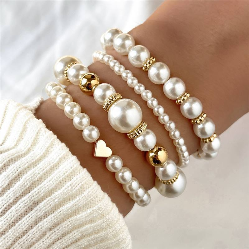 4pcs Elegant White Faux Pearl Heart Beaded Bracelet Set – Handmade Layered Jewelry