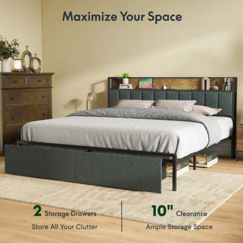 Full Bed Frame with LED Lights & Charging Station