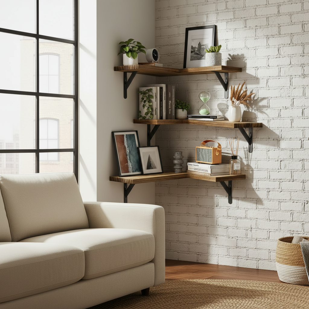 AMADA corner floating shelves styled in a living room